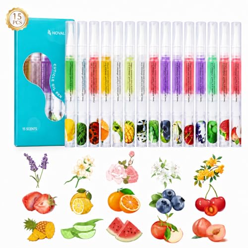 NOVAL Cuticle Oil Pen Set, 15 Pcs Scented Nail Care Pens for Dry Cuticles, Portable Brush Applicator, Travel Size Bulk Pack for Home and Salon Use
