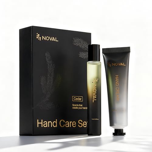 NOVAL Hand & Cuticle Care Set for Men Smell Good Cedar Scented Roll On Male Essential Cuticle Oil & Hand Cream with Jojoba, Shea Butter, Travel Size Kit for Cuticles & Nail Care